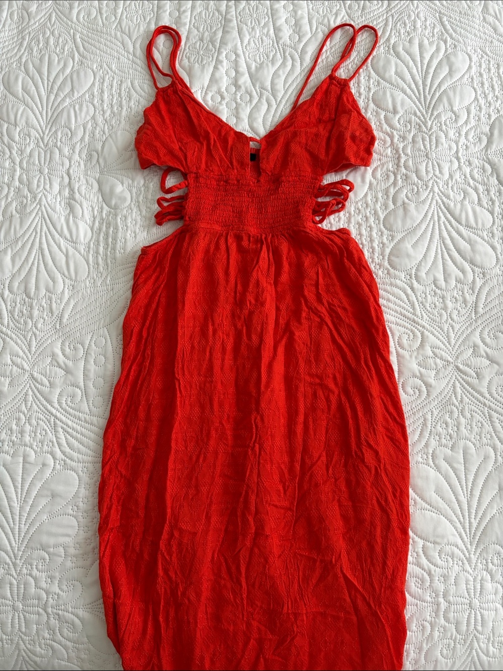 Forever 21 Red Maxi Dress with Smocked Bodice and Side Cutouts